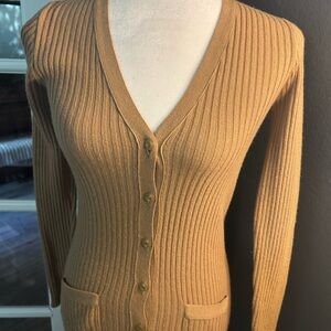 Harrods Cashmere Camel Ribbed V-Neck Button-Front Cardigan